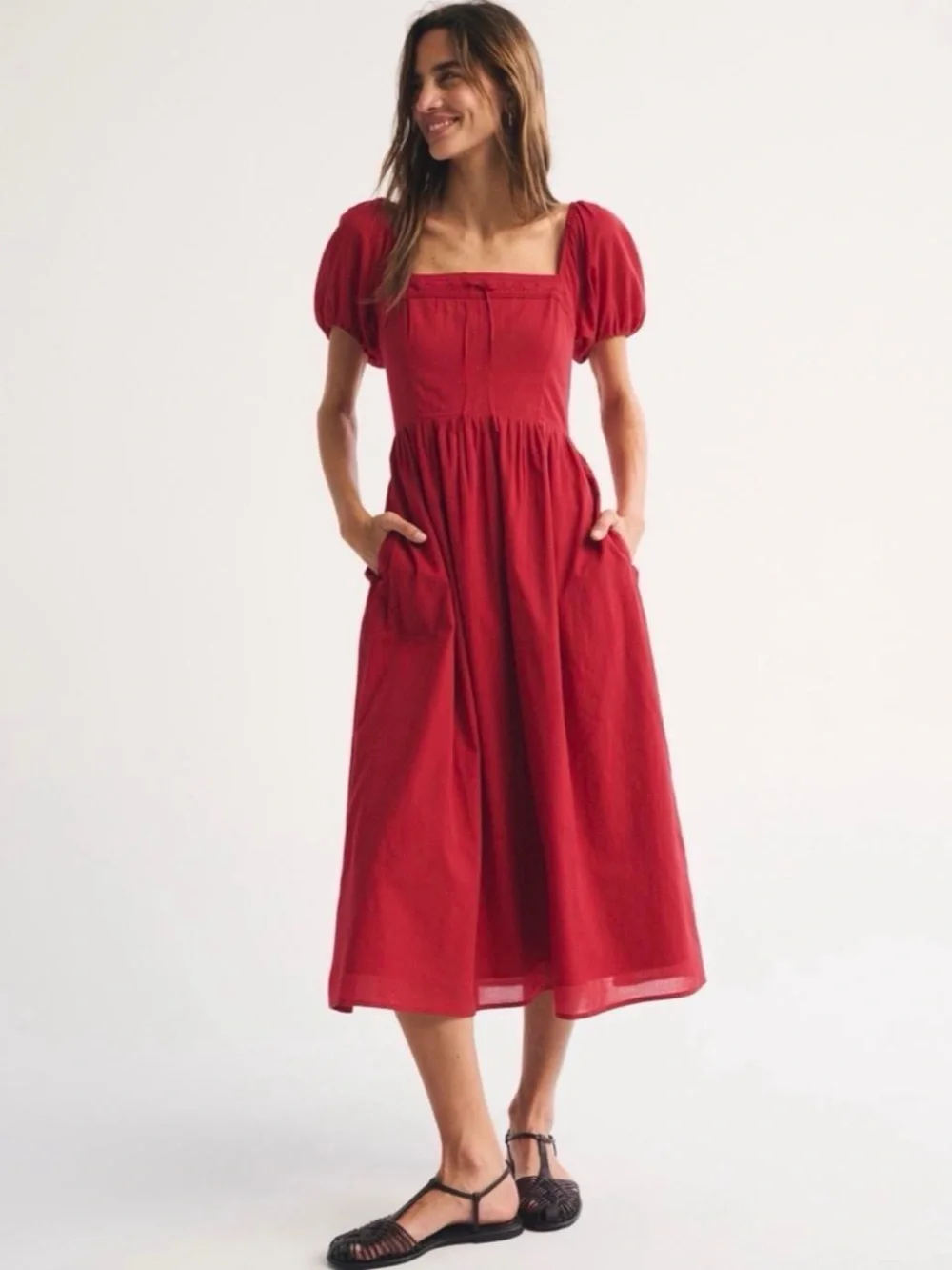 Abercrombie & Fitch Red Puff Sleeve Maxi Dress